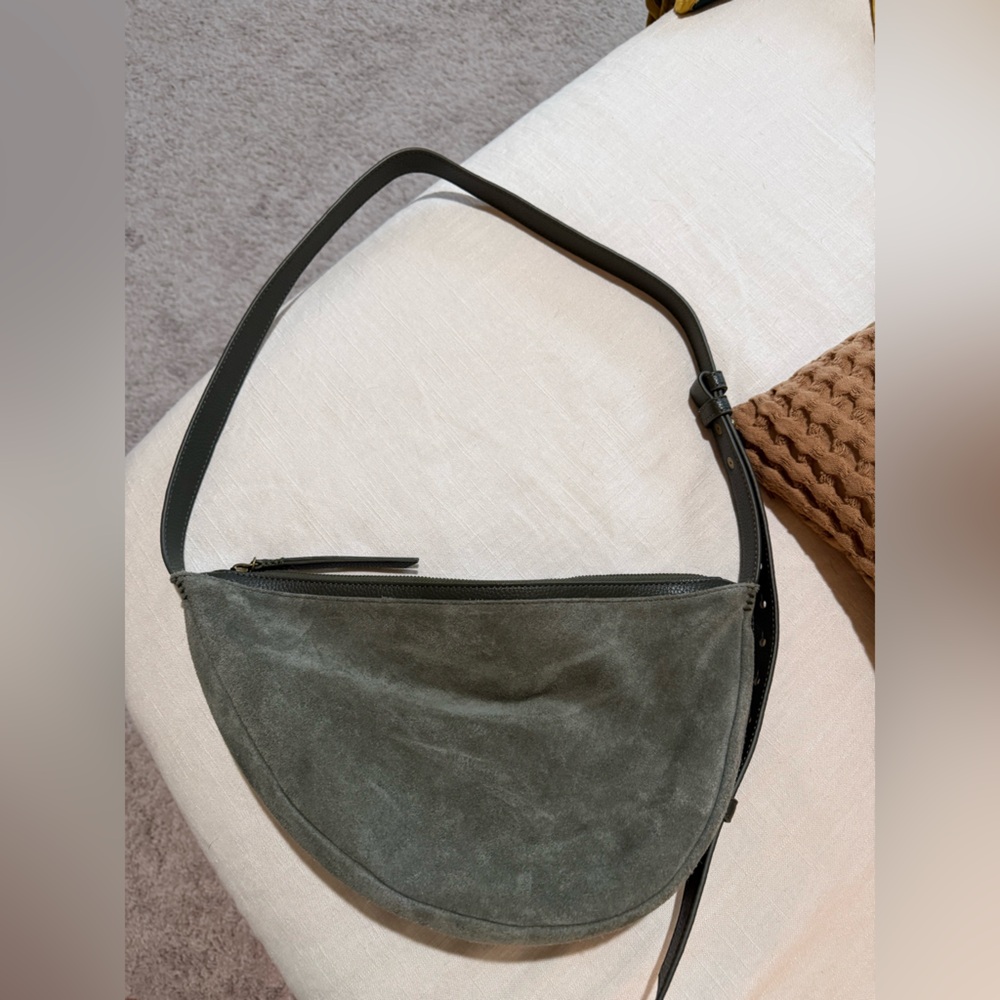 Suede and leather Half-Moon Shoulder Bag in Olive Green